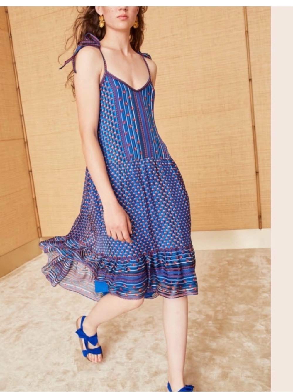 Ulla Johnson Blue Printed Tie-Strap Midi Dress